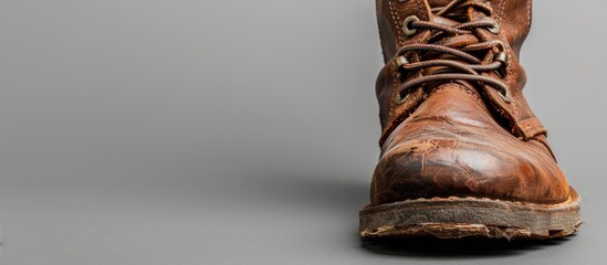 Close Up Of Worn Vintage Brown Leather Boot On Neutral Background
