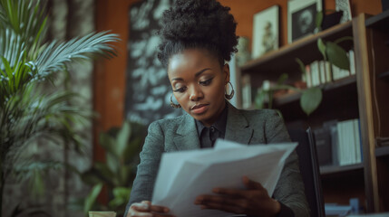 A woman sitting in a CEO office, confidently reviewing documents, representing leadership and success