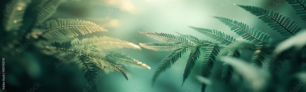 Poster Lush green ferns with dew drops glistening in soft light, creating a serene and tranquil atmosphere in a natural setting.