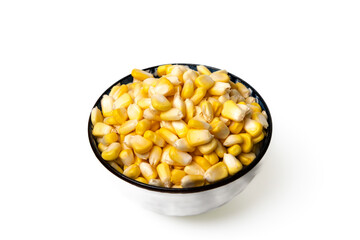pile of corn kernel in a white bowl, isolated on a white background