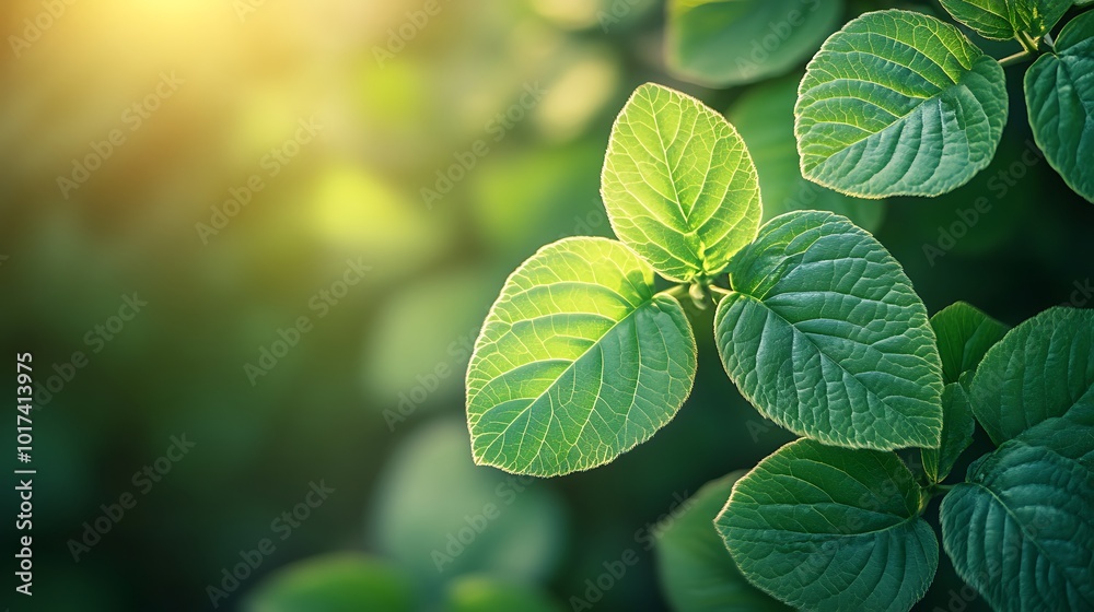 Poster a close-up view of vibrant green leaves illuminated by soft sunlight, showcasing the intricate textu