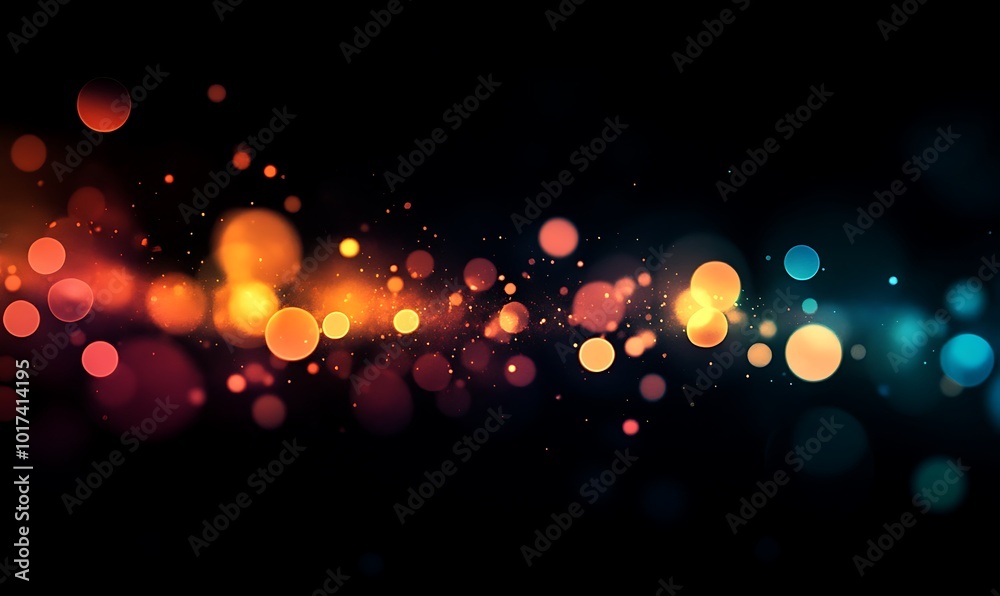 Poster A vibrant, abstract background featuring colorful orbs of light against a dark backdrop, creating a dynamic and energetic atmosphere.