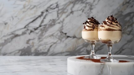 Contemporary Tiramisu Presentation in Sleek Glasses with Espresso-Infused Mascarpone Cream and Chocolate Shavings on Marble Background