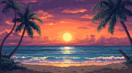 A 2D pixel art illustration of a tranquil beach sunset with palm trees and gentle waves, retro gaming aesthetic, beautifully pixelated with vibrant colors, detailed and charming background