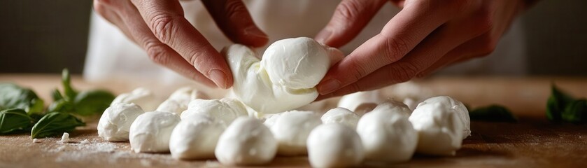 Hands stretching fresh mozzarella curds over a wooden table, mozzarella making process, artisan cheese craft