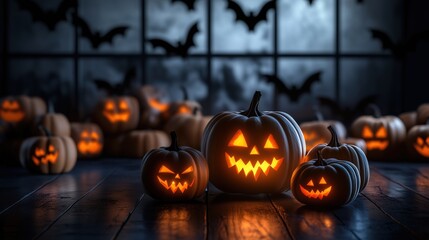 Glowing Halloween pumpkins arranged in the center of a dark room, their carved faces illuminated by warm light. Surrounded by additional pumpkins and black bats, this spooky yet festive scene captures