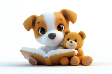 Adorable cartoon puppy reading a book with a cute teddy bear friend, perfect for kids' content and educational themes.