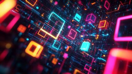 Abstract glowing neon lines and cubes in a digital space.