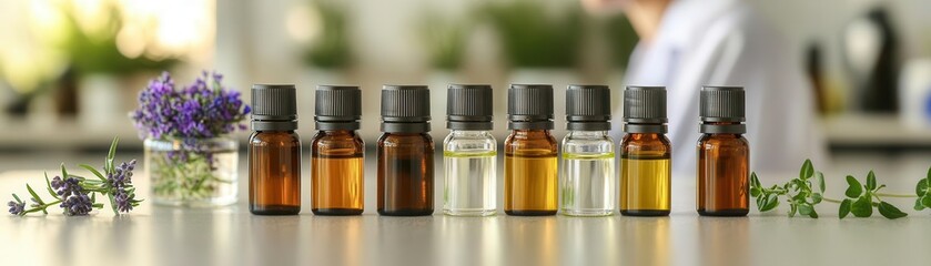 Essential oil bottles with herbs and flowers