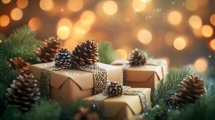 Christmas Presents Adorned with Pine Cones and Twigs