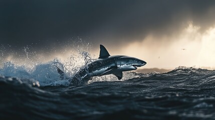 Fototapeta premium Powerful Shark Leaping from Ocean Waves at Dusk