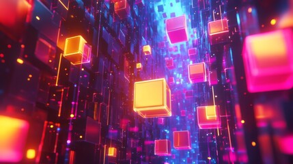Abstract neon background with glowing colorful cubes.