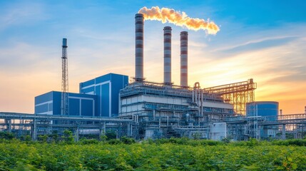 Fototapeta premium Industrial power plant with smoke stacks at sunset near green fields