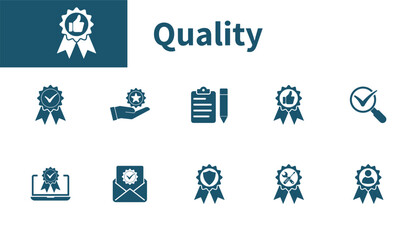 Quality seal icon. Set of solid vector symbols on the theme of quality assessment, check marks, badges, certifications.