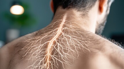 Naklejka premium Chronic discomfort: portrayal of nerve pain originating in back, illustrating deep, radiating sensation affects daily activities, mobility, highlighting challenges of managing persistent discomfort.