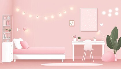 A minimalistic pink girls' room with shelving, and cozy accents 4. Generative AI