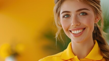 A cheerful young woman excels as a customer support operator, bringing joy to her modern office environment with her smile.