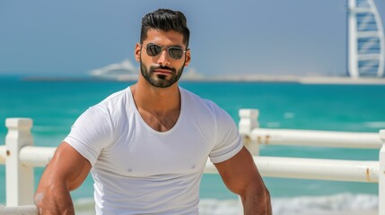 Young man in summer gear poses on a beach in Dubai, leaning on a fence with cool sunglasses and a sunny vibe.