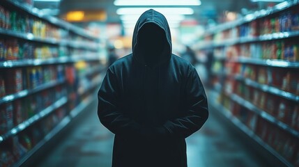 A hooded suspect lurks ominously in a retail aisle, capturing the  reality of theft in a nighttime setting.