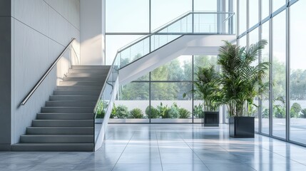 Side view of a modern staircase with a glass railing and metallic accents grand windows allowing natural light to flood the space