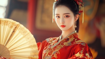 A graceful woman in a vibrant red dress, elegantly fanning herself against a softly blurred backdrop, exuding charm and tradition.