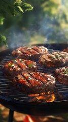 Grilled burgers sizzling on a barbecue with smoke and greenery.