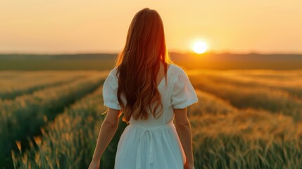 Obraz premium A graceful model in a flowing white dress strolls toward the soft dawn, her long hair dancing in the gentle breeze.