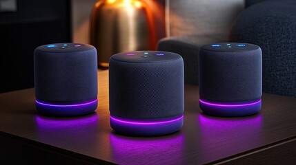 Multiple smart speakers placed around a modern home, creating a seamless and connected smart home experience, with a focus on design and technology