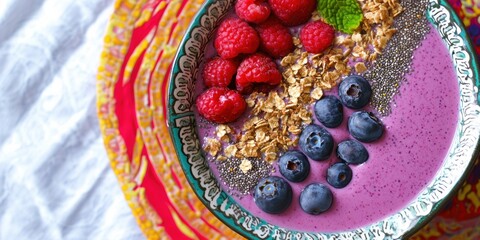 a bowl of fruit and grano with a spoon