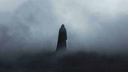 A dark black creature in fog. Halloween theme costume.