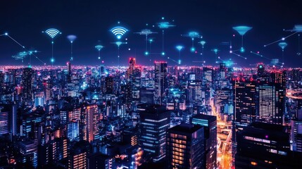 Obraz premium Futuristic Cityscape with Digital Connectivity Elements