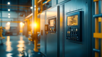 Advanced control panels illuminated in modern industrial facility with soft lighting