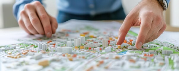 Engineers adjusting the layout of urban development plans, close-up of hands in motion, no faces visible