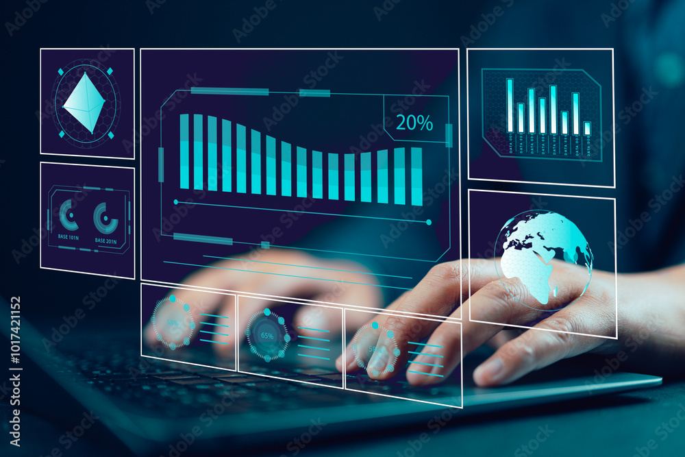 Aufkleber Working Data Analytics and Data Management Systems and Metrics connected to corporate strategy database for Finance, Intelligence, Business Analytics with Key Performance Indicators, social network