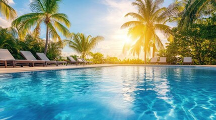 Fototapeta premium Serene Poolside Retreat with Beautiful Sunset Glow