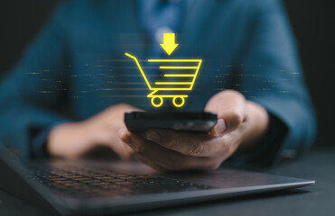 Businessman hold smartphone with online shopping concept, marketplace website with virtual...