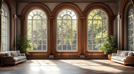 A large, sunlit room with three arched windows framing a view of lush greenery. The hardwood floors and the two white couches add a touch of elegance to the space.