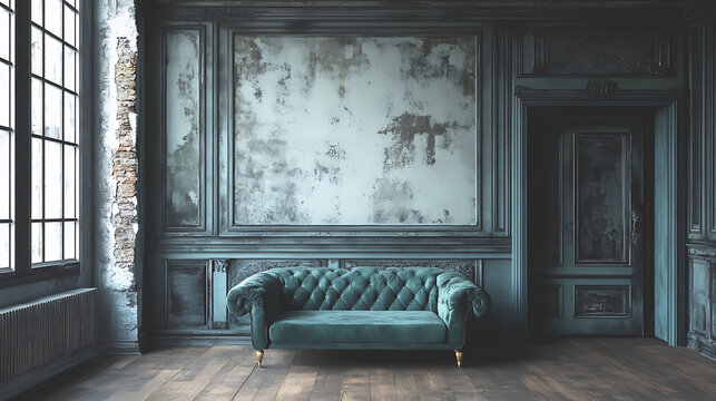 A teal velvet tufted sofa sits in a grand room with a large window and an ornate door. The walls are a distressed blue with exposed brick.