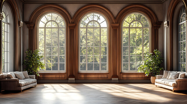 A large, sunlit room with three arched windows framing a view of lush greenery. The hardwood floors and the two white couches add a touch of elegance to the space.