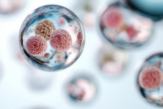 Microscopic view of skin cells absorbing botanical serum, serum absorption under microscope, cosmetic effectiveness