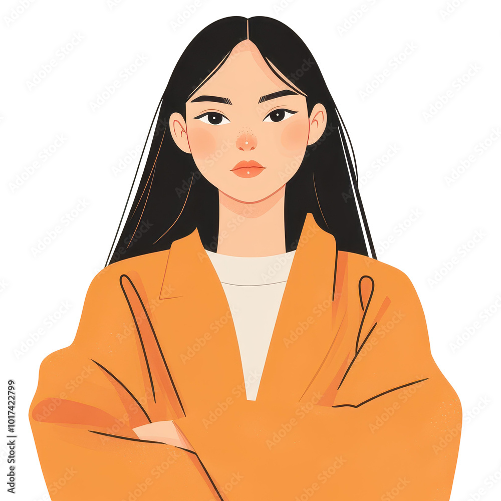 Poster a trendy asian woman showcases modern fashion in a chic cartoon style, featuring vibrant textures an