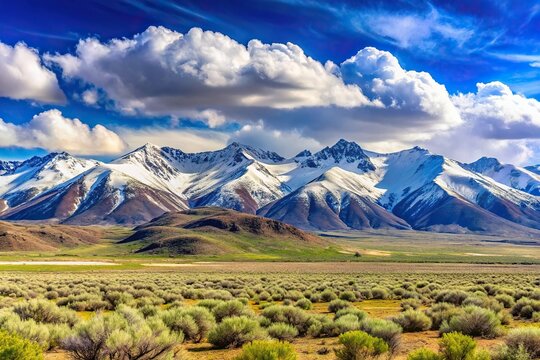 Asymmetrical panorama of East Humboldt Range in Elko County Nevada during spring with snow