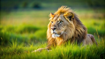 Obraz premium Asymmetrical lion lying in savanna grass with soft green light, clouds in background