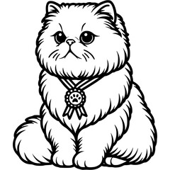 Obraz premium Fluffy Persian cat with medal on his neck as winner of a cat show in monochrome. Simple minimalistic vector in black ink drawing on transparent background