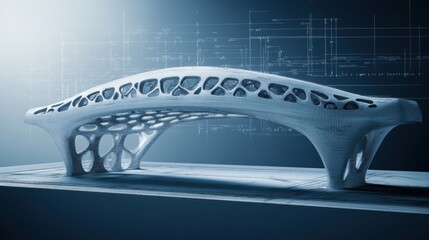 Naklejka premium 3D model of a futuristic bridge with detailed blueprint overlay, highlighting the architectural and engineering design process