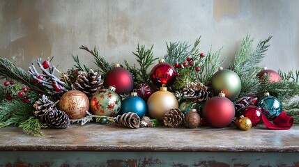 Festive Christmas Ornaments and Greenery on Rustic Wooden Surface