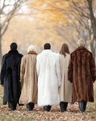 Naklejka premium Autumn Park Stroll with Friends in Luxurious Fur Coats