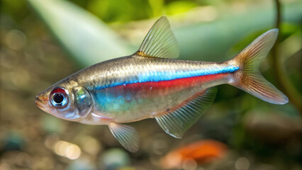 Obraz premium Close up of a Neon Tetra Swimming under light blue water