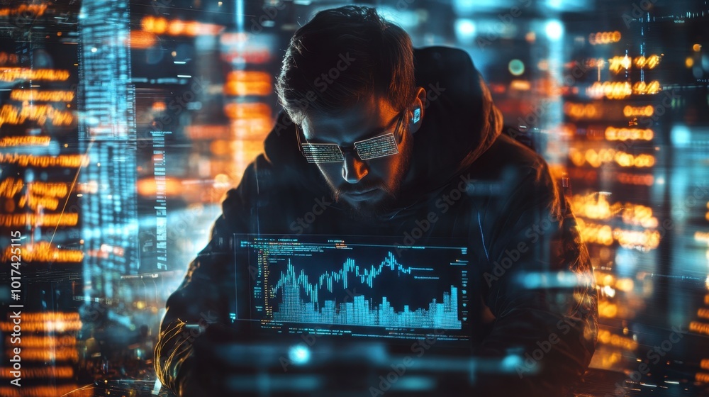 Poster a focused man coding on a holographic screen, surrounded by data streams and trading charts, represe
