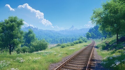 Obraz premium Scenic Railway Track in Lush Green Landscape